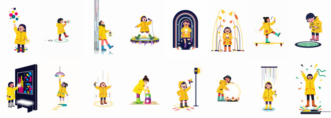 Fototapeta premium Set of 16 whimsical vector illustrations of a young girl in a yellow raincoat exploring magical and imaginative worlds filled with light and color.