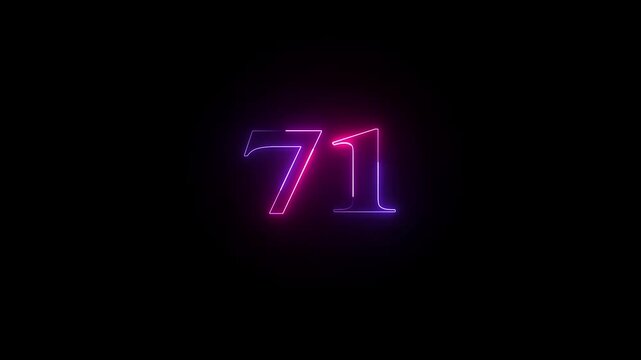 Abstract glowing neon text 71 number countdown icon. Educational mathematics 71 animation on black background.