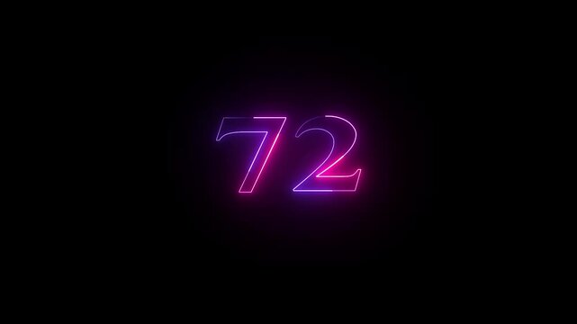 Abstract glowing neon text 72 number countdown icon. Educational mathematics 72 animation on black background.