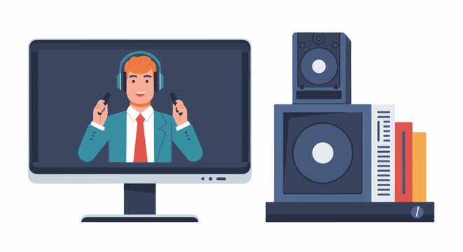 A computer monitor displays a man in a suit and headphones holding controllers next to a stack of speakers and books