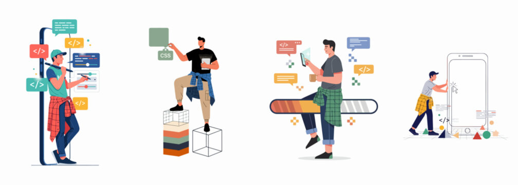 Flat Vector Illustration Set of Male Developers Working on Mobile App Development, UI/UX Design, Coding, and Website Prototyping.