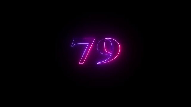 Abstract glowing neon text 79 number countdown icon. Educational mathematics 79 animation on black background.