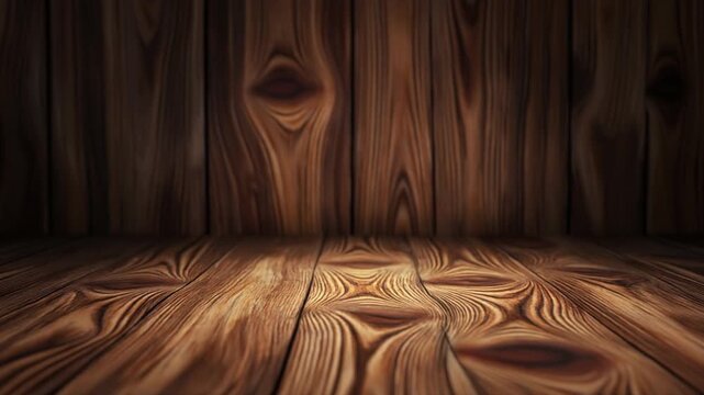 A high-quality, empty rustic wooden room interior featuring a dark brown wood grain table surface and matching vertical wall boards