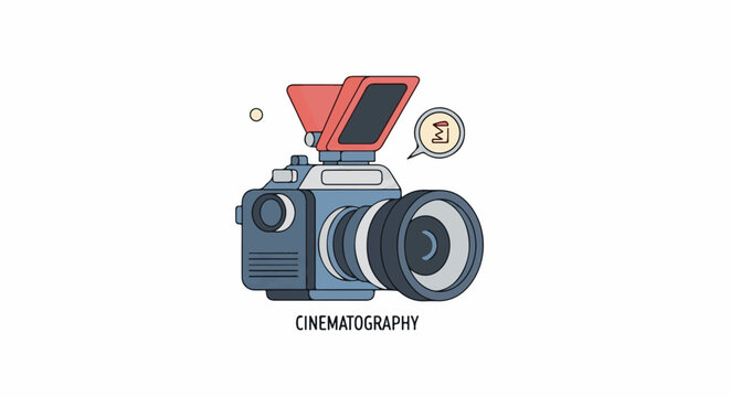A blue and red camera with a large lens and viewfinder