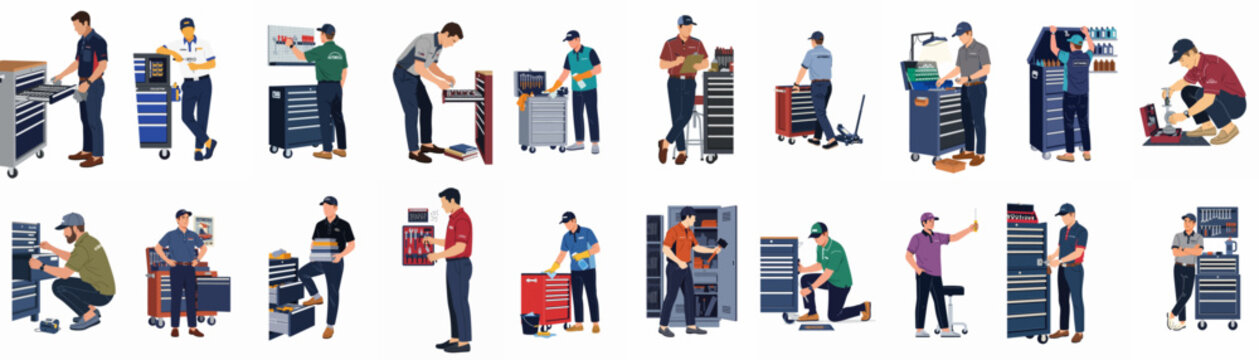 Professional Auto Mechanic Characters with Tool Chests and Workshop Equipment, Flat Vector Illustration Set Isolated on White Background