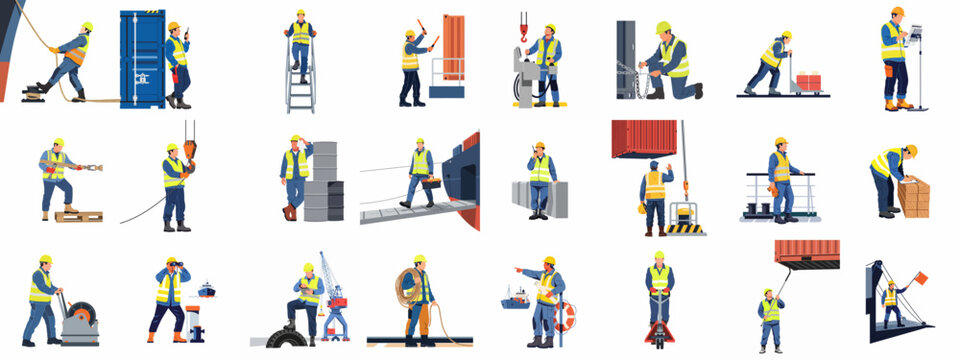 Comprehensive collection of flat vector illustrations featuring diverse port workers and stevedores performing various maritime logistics, cargo handling, and harbor operations tasks.