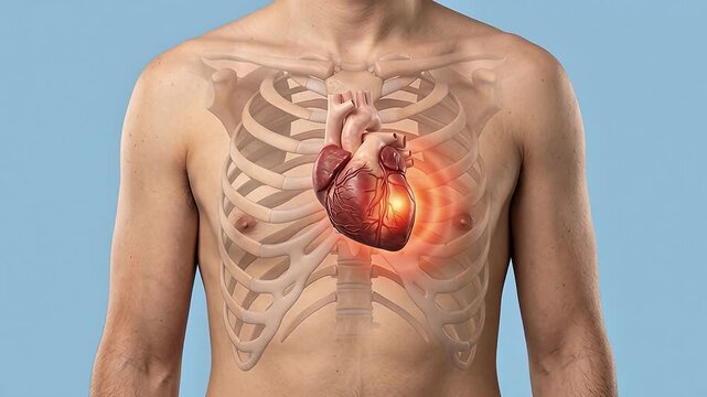 Realistic Male Chest with Heart Anatomy Overlay Showing Chest Pain or Heart Attack