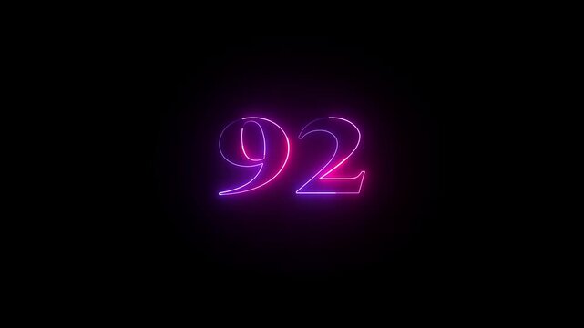 Abstract glowing neon text 92 number countdown icon. Educational mathematics 92 animation on black background.
