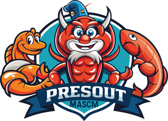 Naklejka premium Cartoon lobster and sea animal mascot logo design isolated on transparent background, Vector