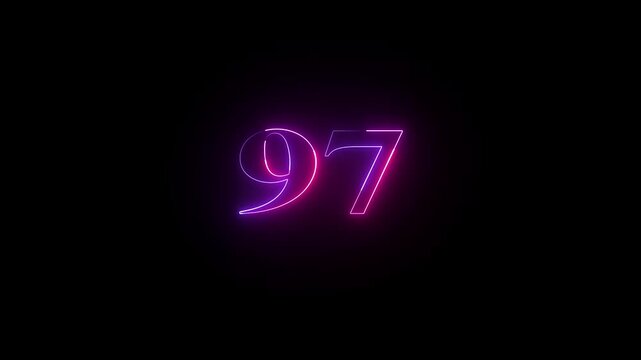 Abstract glowing neon text 97 number countdown icon. Educational mathematics 97 animation on black background.
