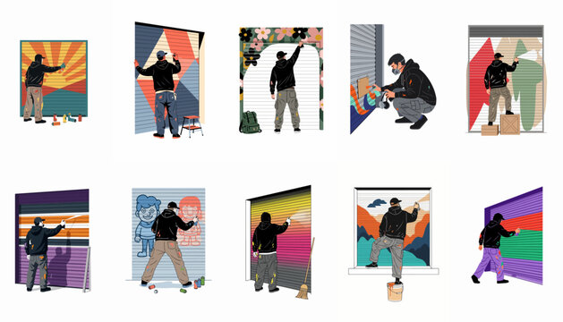 Collection of illustrations depicting male graffiti artists painting colorful murals and abstract designs on roller shutters using spray cans in an urban setting.