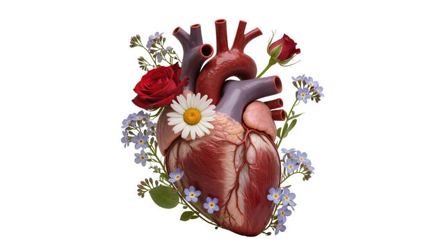 Anatomical human heart adorned with red roses daisies and forget-me-nots, isolated on transparent background
