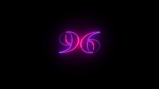 Abstract glowing neon text 96 number countdown icon. Educational mathematics 96 animation on black background.