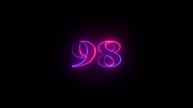 Abstract glowing neon text 98 number countdown icon. Educational mathematics 98 animation on black background.