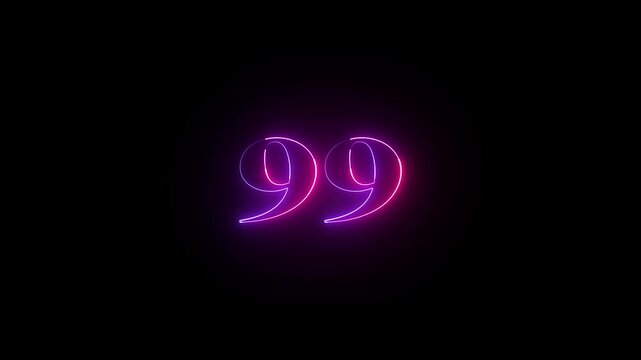 Abstract glowing neon text 99 number countdown icon. Educational mathematics 99 animation on black background.