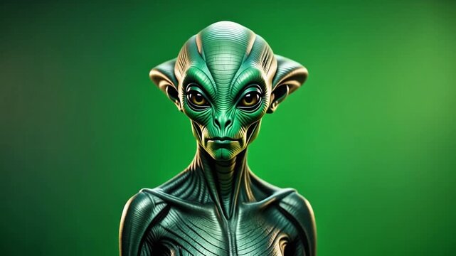 Futuristic Alien Standing Before Green Screen in SciFi Lab Scene 4K