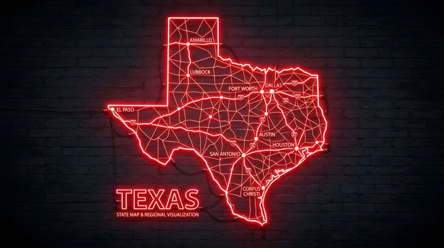 Bright glowing red neon sign depicting a detailed map of Texas state with major city labels on dark brick wall