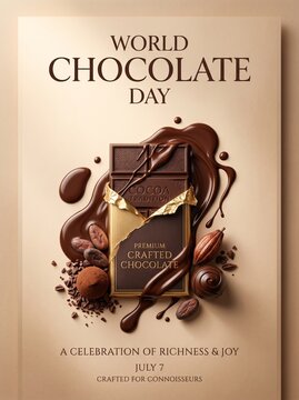 World Chocolate Day poster with premium dark chocolate bar, liquid cocoa splash and gourmet truffles, elegant brown and gold food advertisement