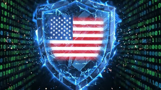 Cybersecurity Safeguard: A Visual Transition from Digital Data to a Shield of Protection Featuring the American Flag, Representing National Security and Digital Defense Strategies