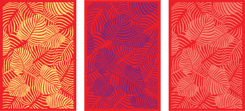 Vibrant red backgrounds with intricate leaf patterns in gold, purple, and pink hues, decorative borders