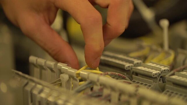 Hands of IT engineer installs repairs fiber optic communication cable network.
