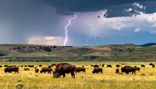 Dramatic storm over grazing bison herd in plains.
