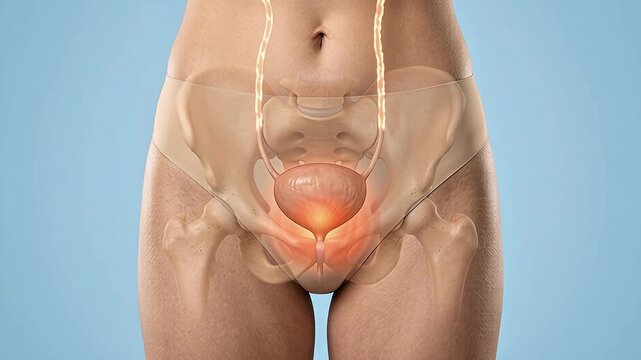 Realistic Female Pelvis with Bladder Anatomy Overlay Showing Bladder Pain