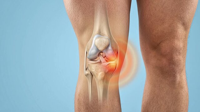 Realistic Male Knee with Joint Bone and Ligament Anatomy Overlay Showing Knee Pain