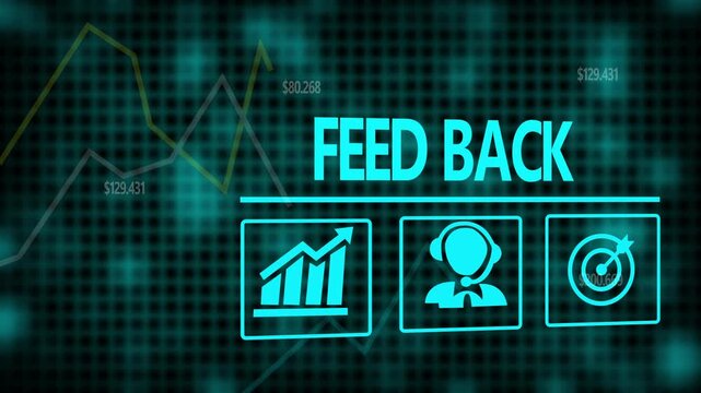 A Feedback business concept on a flashing computer monitor with moving graphs and data