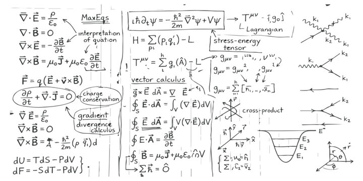 Handwritten physics equations and mathematical formulas on a sheet of paper