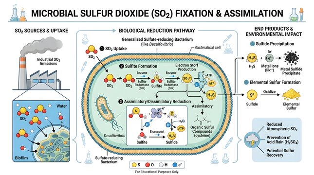 Microbial sulfur dioxide (SO₂) fixation and assimilation diagram showing uptake of gaseous SO₂, oxidation to sulfite and sulfate, intracellular sulfur pathways, biosynthesis of amino acids, and enviro