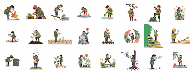 Collection of children in camouflage outfits exploring nature with magnifying glasses, examining plants, insects, and small animals in various outdoor environments. © ValentinaRestrepo
