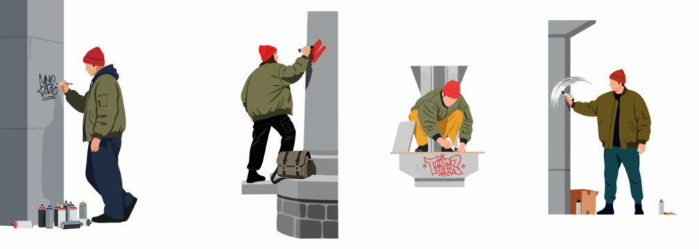 Illustrations of graffiti artists in red beanies and olive jackets tagging urban walls with markers and spray cans, isolated on white background.