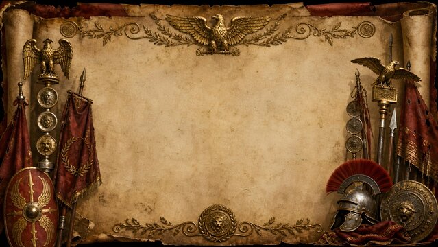 Ancient Roman Military Legion Parchment Banner with Golden Eagle Standard and Centurion Helmet