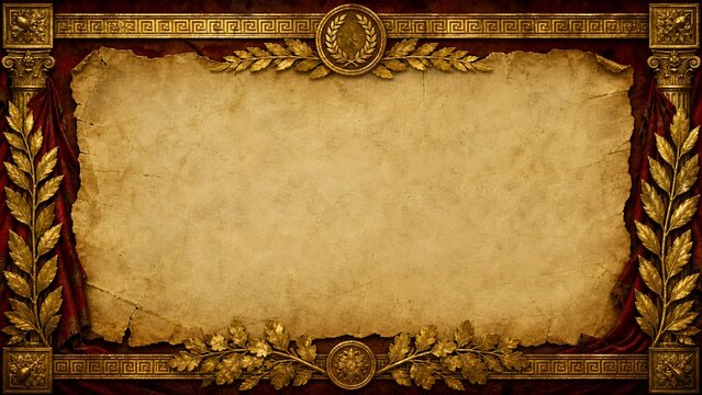 Ancient Roman Imperial Parchment Banner with Golden Laurel Wreath and Ornate Columns Border