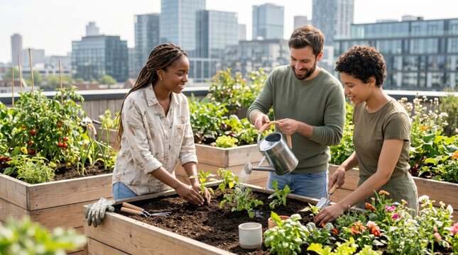 Diverse group of friends gardening together on urban rooftop terrace, planting vegetables and watering plants in raised beds