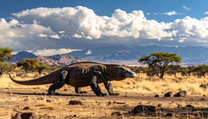 Fototapeta premium African elephant walking across dry savanna landscape under bright sky.
