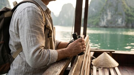 Fototapeta premium Anonymous Traveler on Traditional Boat in Ha Long Bay with Limestone Islands