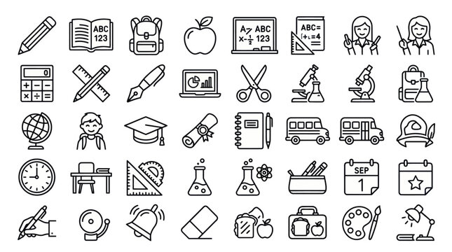 A collection of various educational icons and symbols are shown.