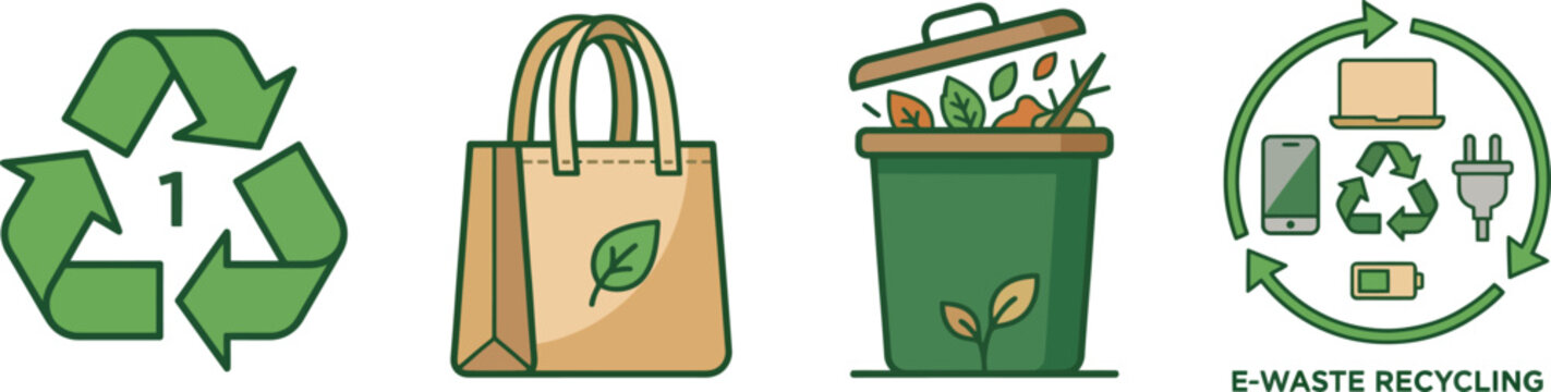 Set of recycling and ecofriendly icons including plastic recycling symbol, reusable shopping bag, compost bin and ewaste recycling