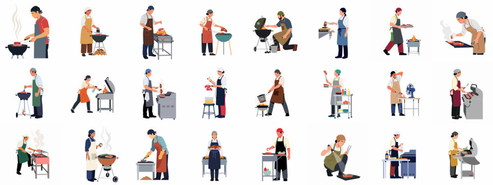 Large Vector Set of Diverse Professional Chefs and Cooks Grilling Meat on Various BBQ Grills Isolated on White Background