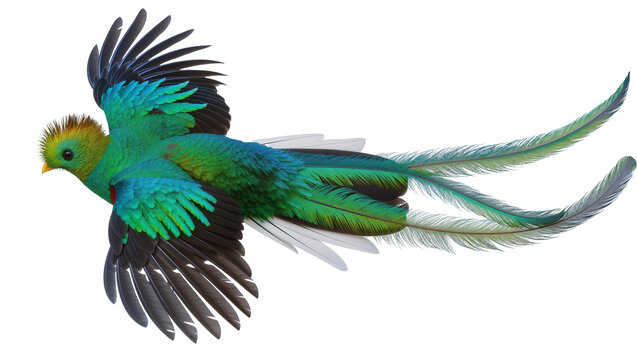 Resplendent Quetzal bird with long tail feathers flying