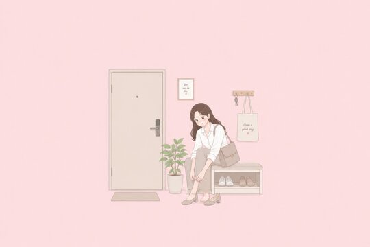 Cute pastel illustration of a young person's healthy morning self-care routine.