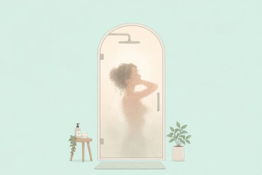 Cute pastel illustration of a young person's healthy morning self-care routine.