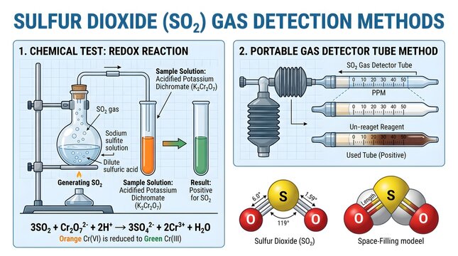 Infographic on sulfur dioxide (SO₂) gas detection methods comparing classical redox titration with iodine or potassium iodate to portable gas detector tubes and pumps, highlighting color change, field