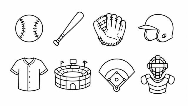 Set of simple black and white baseball icons illustrating sports equipment