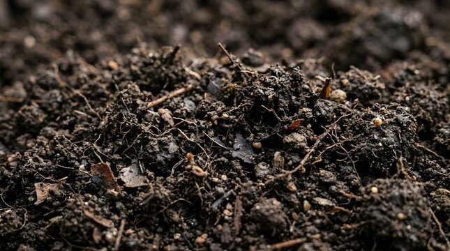 Closeup view of dark soil with twigs and leaves in natural environment outdoors