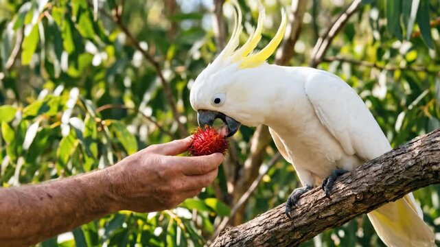 Australian Sulphur-crested Cockatoo Feeding on Rambutan Fruit from Human Hand