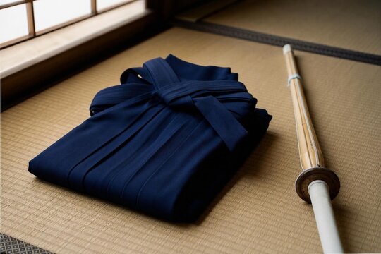 hakama. A neatly folded deep blue hakama and bamboo sword on tatami mat flooring. event programs, museum guides, designed for cultural heritage projects and event programs, supports education.