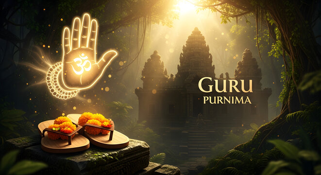 Guru purnima festival with glowing abhaya mudra and sacred paduka